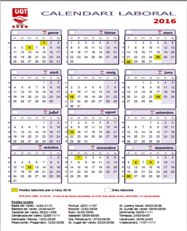 Calendari Laboral 2016 - Vallès Occidental